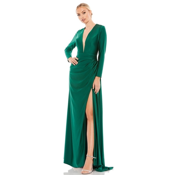 MAC DUGGAL Size 10 Plunge Emerald Side Slit Formal Dress Gown - Picture 2 of 8